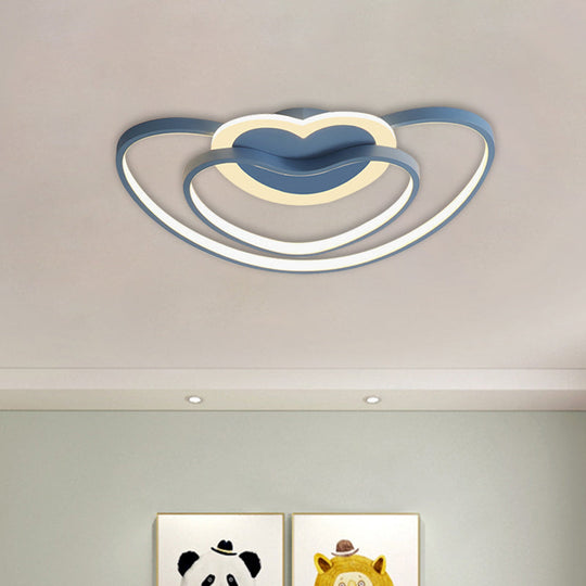 Nordic Led Ceiling Flush Light With Dual Loving Heart Frame In White Pink Or Blue Acrylic Shade