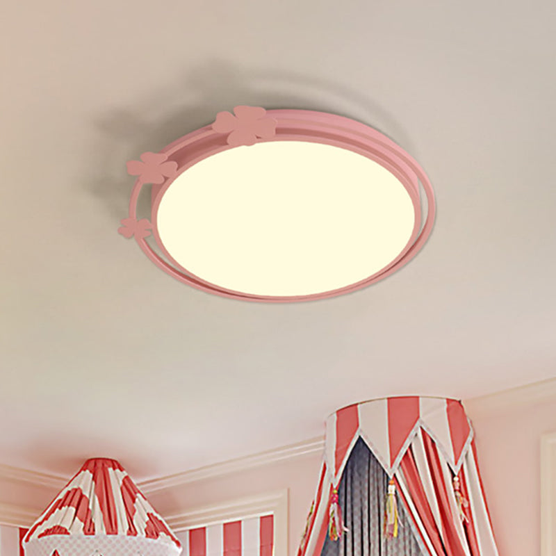Kid’s Led Pink Flushmount Light With Metallic Round Shape Clover Deco In White/Warm / White