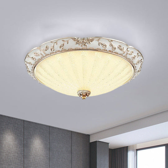 Traditional White Glass Led Flush Mount With Carved Trim Bowl-Shaped Bedroom Beige Flushmount
