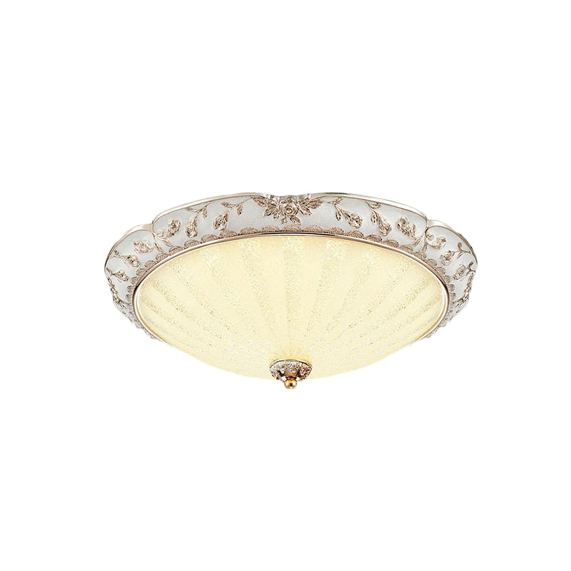 Traditional White Glass Led Flush Mount With Carved Trim Bowl-Shaped Bedroom Beige Flushmount