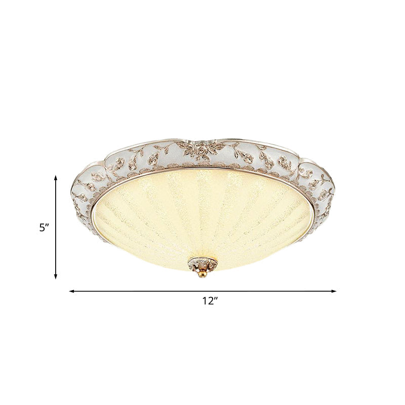 Traditional White Glass Led Flush Mount With Carved Trim Bowl-Shaped Bedroom Beige Flushmount