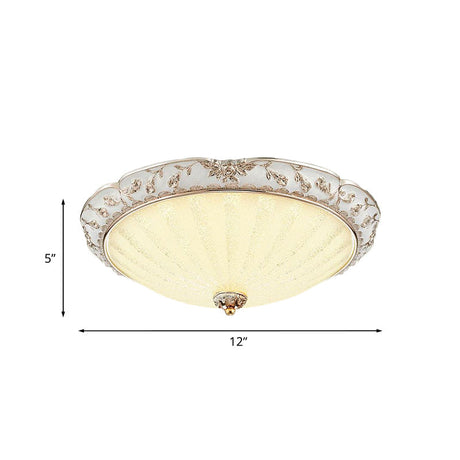 Traditional White Glass Led Flush Mount With Carved Trim Bowl-Shaped Bedroom Beige Flushmount