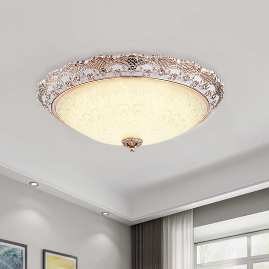 Traditional White Glass Led Flush Mount With Carved Trim – Bowl - Shaped Bedroom Beige Flushmount