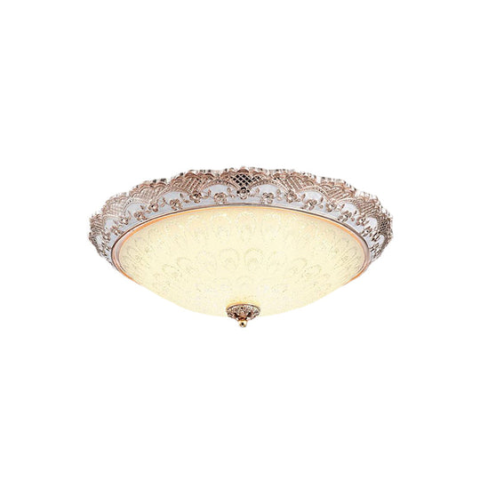 Traditional White Glass Led Flush Mount With Carved Trim – Bowl - Shaped Bedroom Beige Flushmount
