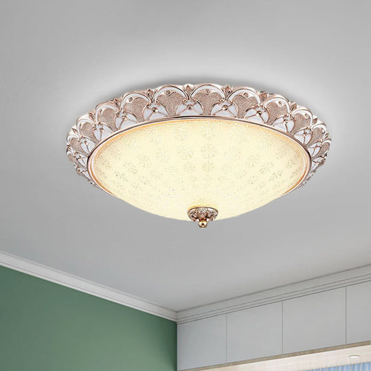 Traditional White Glass Led Flush Mount With Carved Trim – Bowl - Shaped Bedroom Beige Flushmount