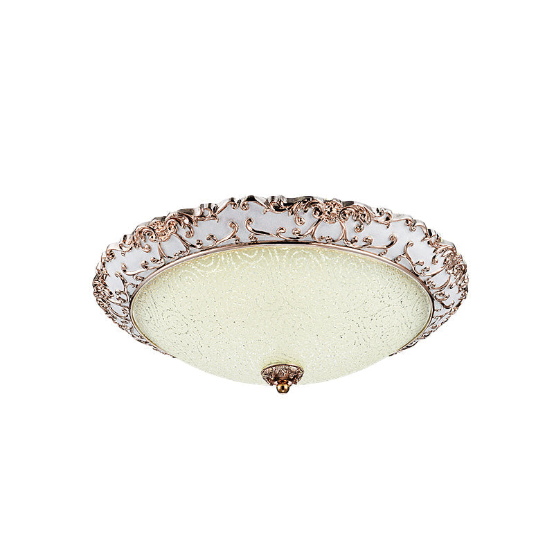 Traditional White Glass Led Flush Mount With Carved Trim Bowl-Shaped Bedroom Beige Flushmount
