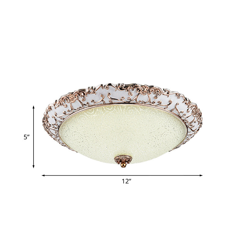 Traditional White Glass Led Flush Mount With Carved Trim – Bowl - Shaped Bedroom Beige Flushmount