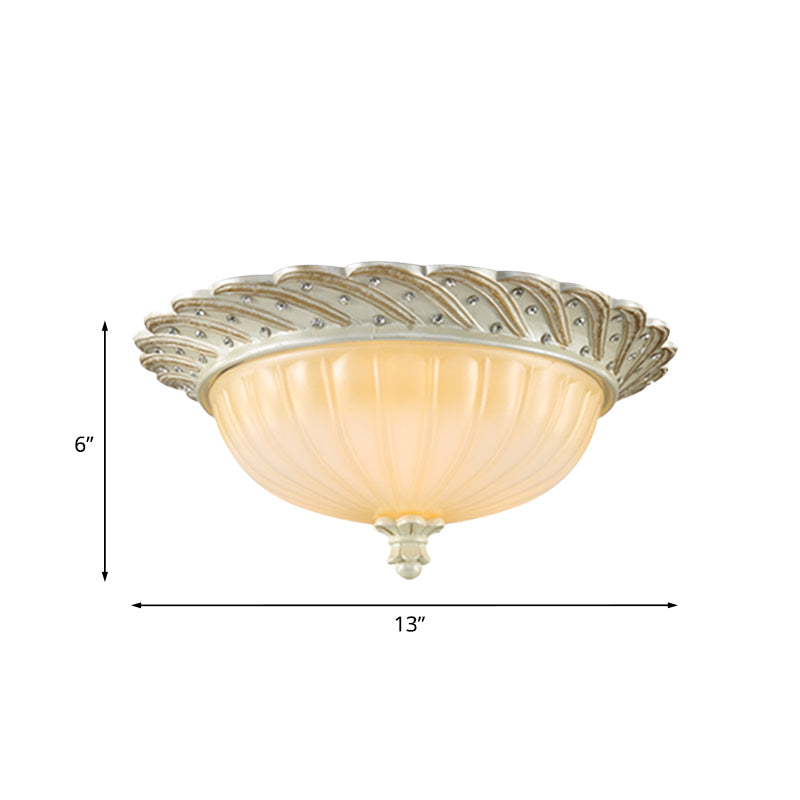 Traditionalist Yellow Glass Flush Mount Light Fixture - Bronze/White 3 - Bulb Flushmount For Living