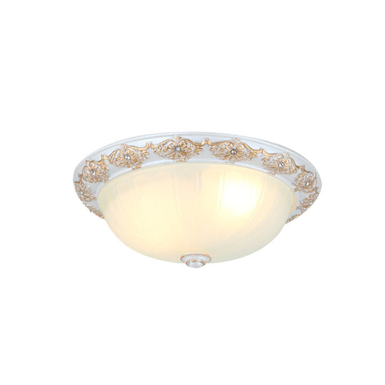 Frosted White Glass Dome 3 - Light Bedroom Flush Mount With Carved Edge