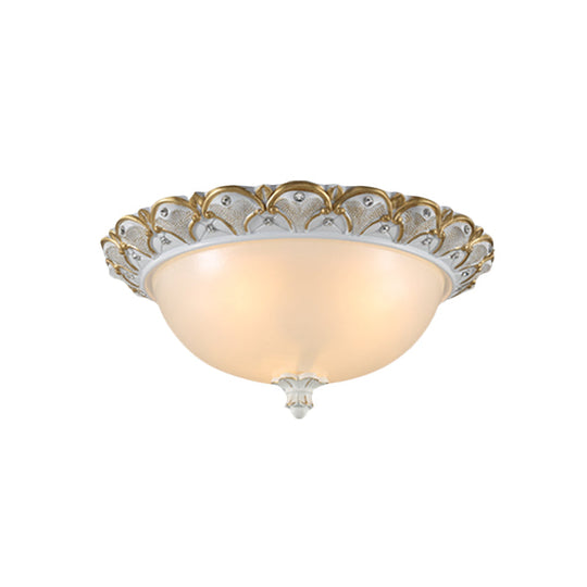 Frosted White Glass Dome 3 - Light Bedroom Flush Mount With Carved Edge