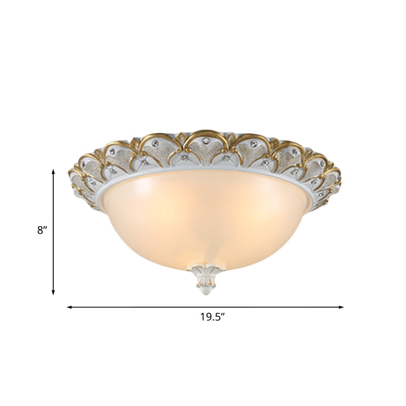 Frosted White Glass Dome 3 - Light Bedroom Flush Mount With Carved Edge