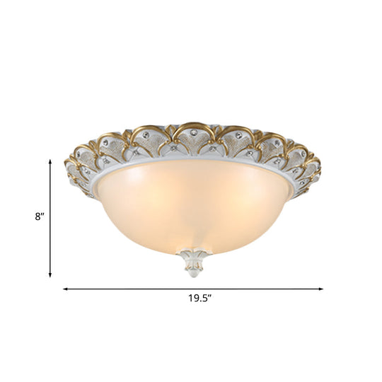 Frosted White Glass Dome 3 - Light Bedroom Flush Mount With Carved Edge