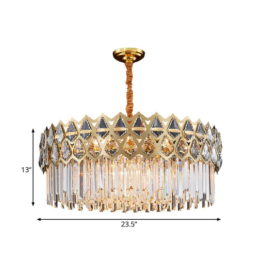 10-Light Crystal Block Pendant Chandelier In Gold For Bedroom
