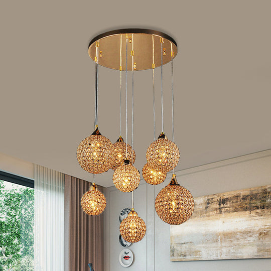 Multi-Headed Pendant Dining Room Lamp Kit With Crystal-Encrusted Shade In Gold