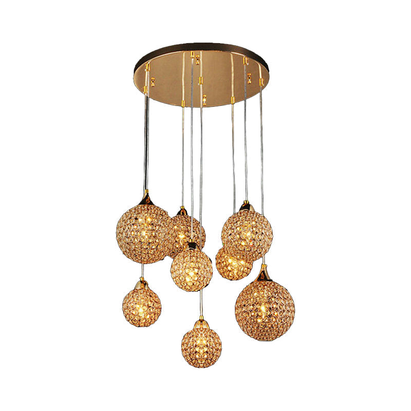 Multi-Headed Pendant Dining Room Lamp Kit With Crystal-Encrusted Shade In Gold
