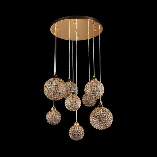 Multi-Headed Pendant Dining Room Lamp Kit With Crystal-Encrusted Shade In Gold