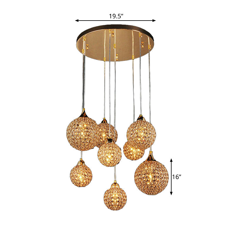 Multi-Headed Pendant Dining Room Lamp Kit With Crystal-Encrusted Shade In Gold