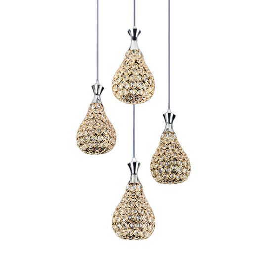 Contemporary Crystal Teardrop Multi-Pendant Light - 4 Bulb Dining Room Suspension Lamp In