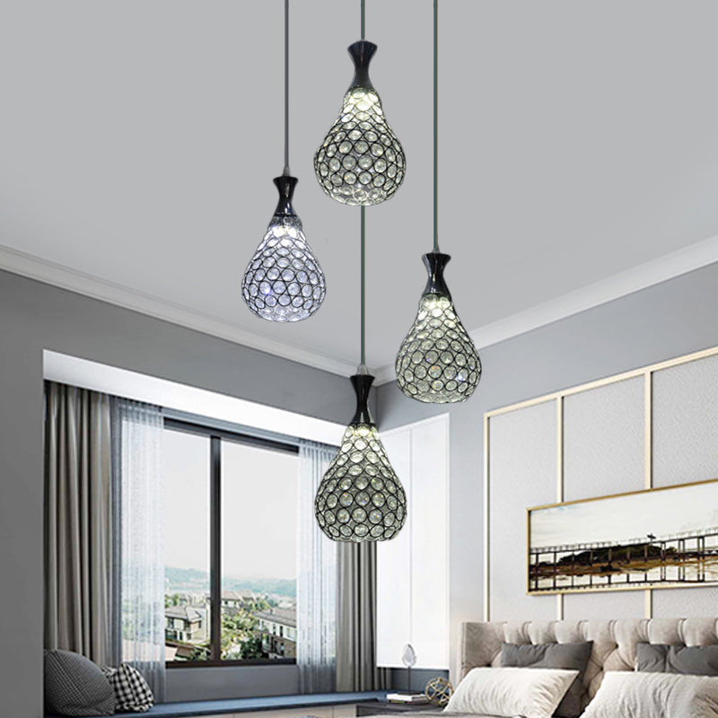 Contemporary Crystal Teardrop Multi-Pendant Light - 4 Bulb Dining Room Suspension Lamp In