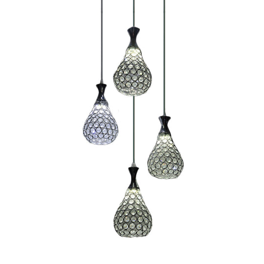 Contemporary Crystal Teardrop Multi Pendant Light With 4 Bulbs - Chrome/Gold Suspension Lamp For