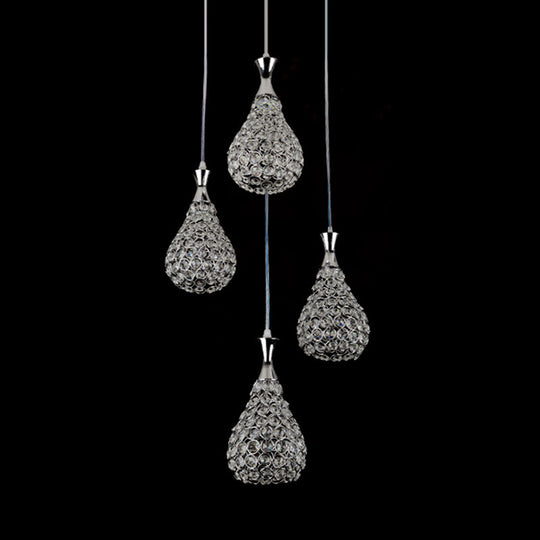 Contemporary Crystal Teardrop Multi Pendant Light With 4 Bulbs - Chrome/Gold Suspension Lamp For