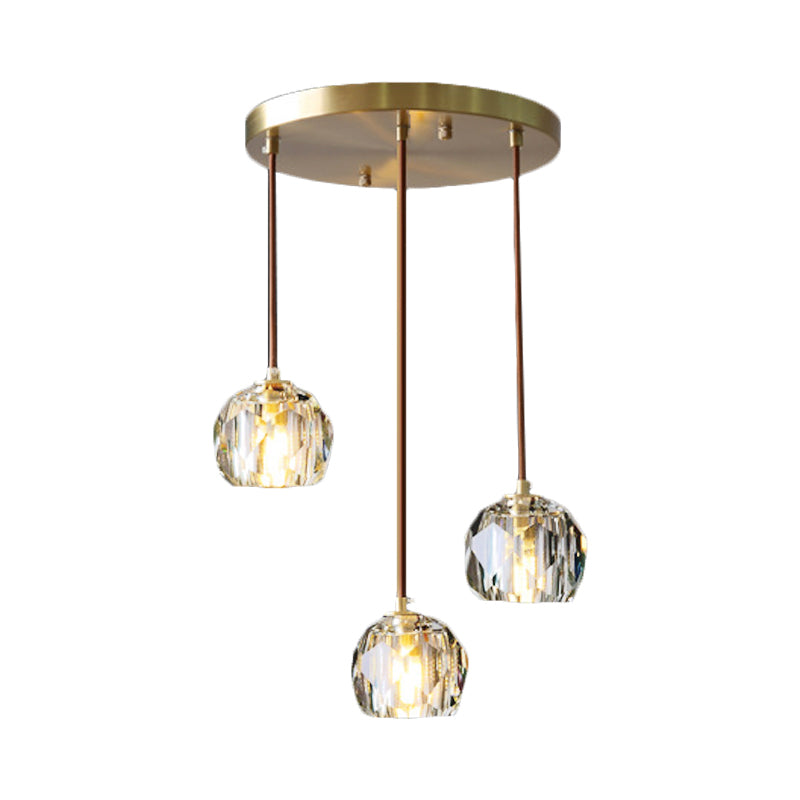 Contemporary Gold Cluster Pendant Light With Faceted Crystal Domed Hanging Lamp Kit