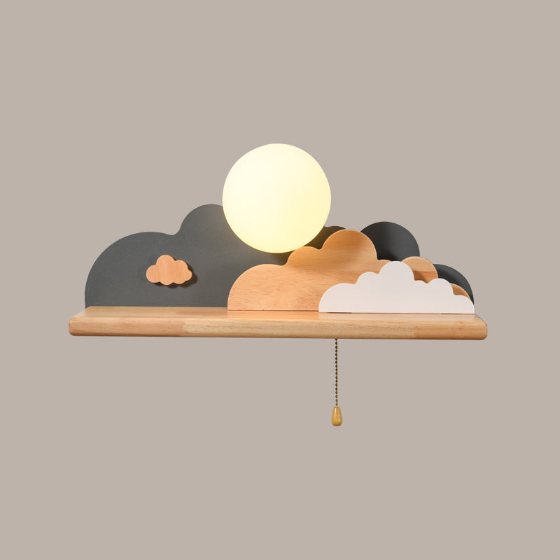 Contemporary Wood Sconce Light: Blue/White/Gray Wall Mount With Glass Shade & Pull Chain