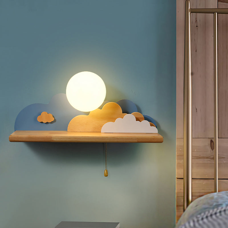 Contemporary Wood Sconce Light: Blue/White/Gray Wall Mount With Glass Shade & Pull Chain