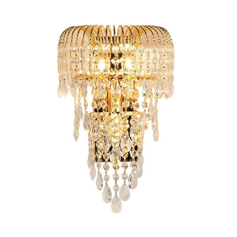 Gold Crystal Strand Wall Lamp - Traditional 3-Light Sconce For Living Room
