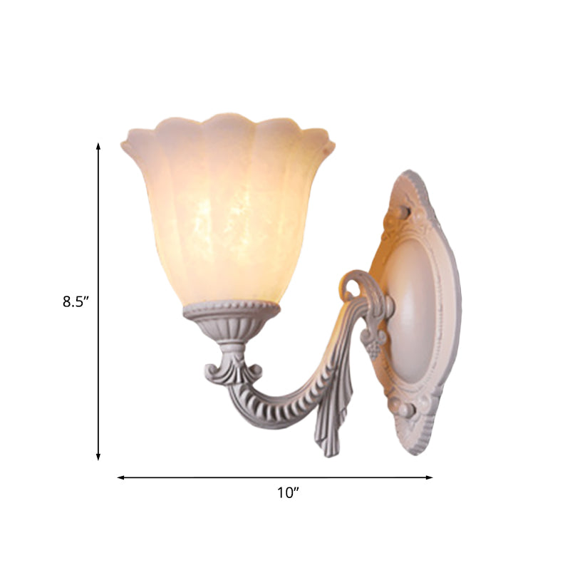 Vintage Flower White Glass Sconce Light With Curved Arm - Wall Mounted Lighting For Living Room