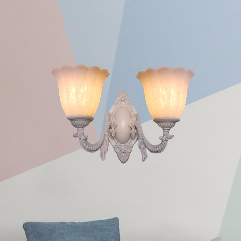Vintage Flower White Glass Sconce Light With Curved Arm - Wall Mounted Lighting For Living Room