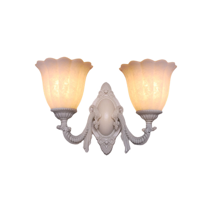 Vintage Flower White Glass Sconce Light With Curved Arm - Wall Mounted Lighting For Living Room