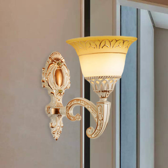 Vintage Curved Arm Metal Wall Lamp: 1/2-Head Sconce With Beige Glass Shade For Living Room