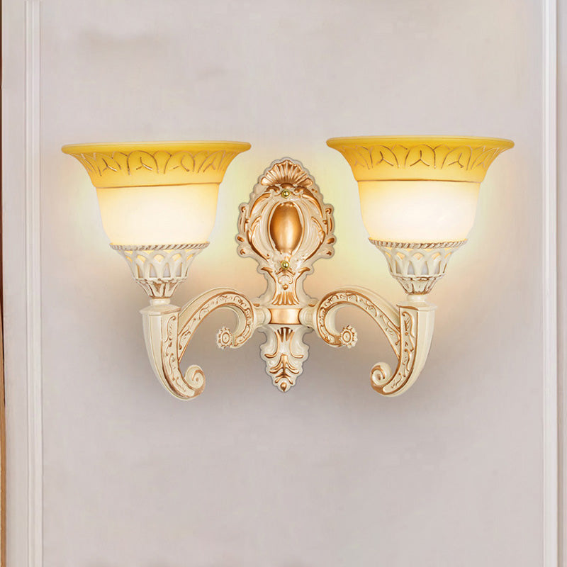 Vintage Curved Arm Metal Wall Lamp: 1/2-Head Sconce With Beige Glass Shade For Living Room 2 /