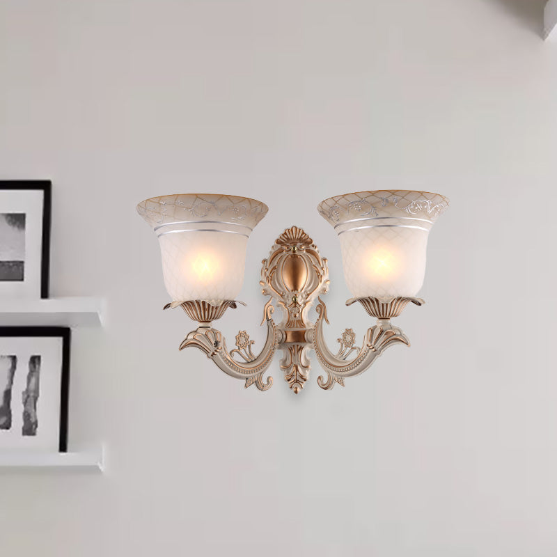 Metal Beige Curvy Arm Wall Sconce With Antique Bell White Glass Shade - 1/2-Light Lighting Fixture