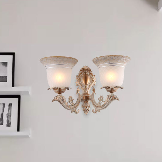 Metal Beige Curvy Arm Wall Sconce With Antique Bell White Glass Shade - 1/2-Light Lighting Fixture