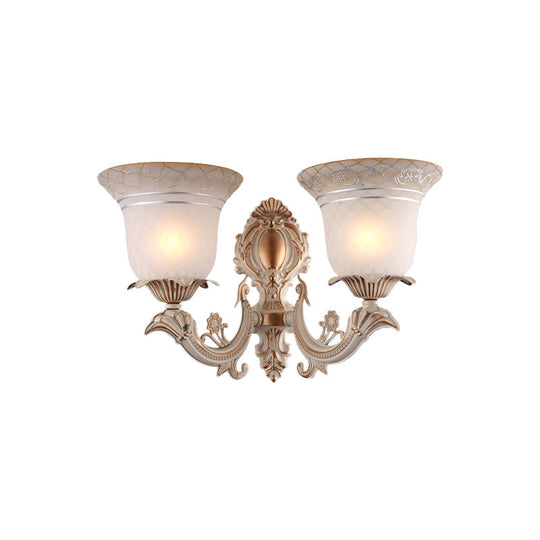 Metal Beige Curvy Arm Wall Sconce With Antique Bell White Glass Shade - 1/2-Light Lighting Fixture
