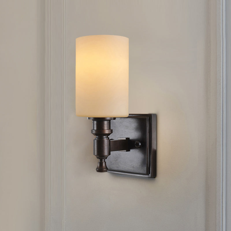 Traditional Black Column Wall Light With Frosted Glass - Single Bulb Sconce For Living Room