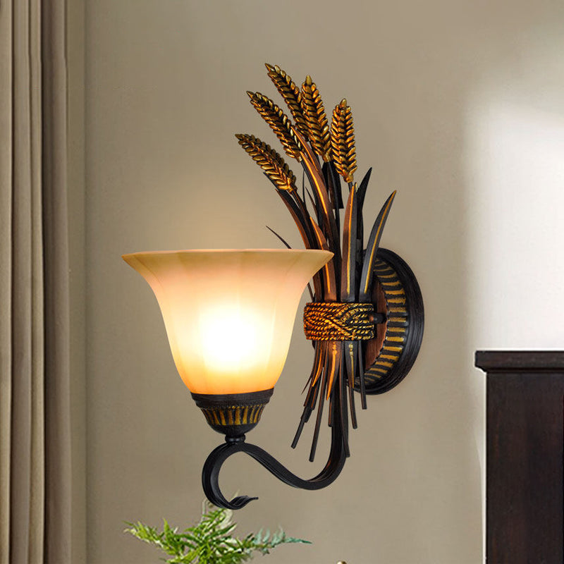 Vintage Frosted Glass Bell Wall Sconce Light - Black/Gold 1-Head Bedroom Lighting