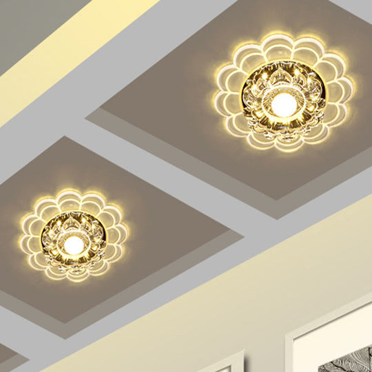 Modern Led Porch Ceiling Flush Mount Light Fixture With Clear Crystal Blossom Design + Ruffle Edge -