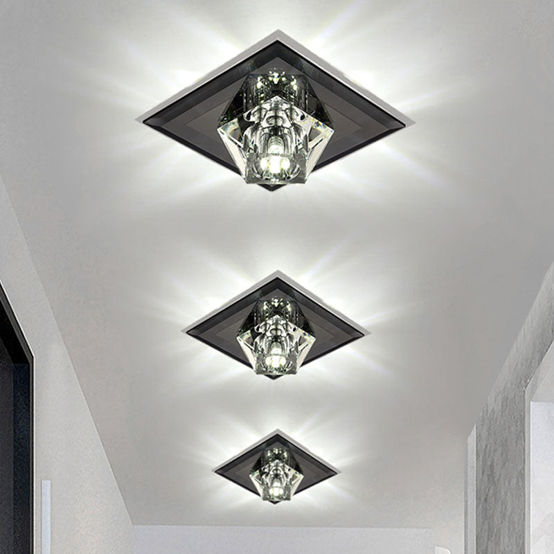 Black Led Flush Mount Ceiling Lamp With Clear Crystal And Square Panel