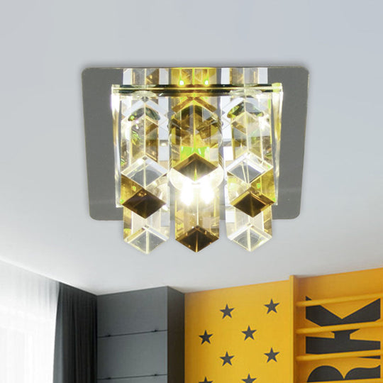 Minimal Square Led Flush Mount Light With Crystal Block - Blue/Clear/Tan Ideal For Hallway Ceiling