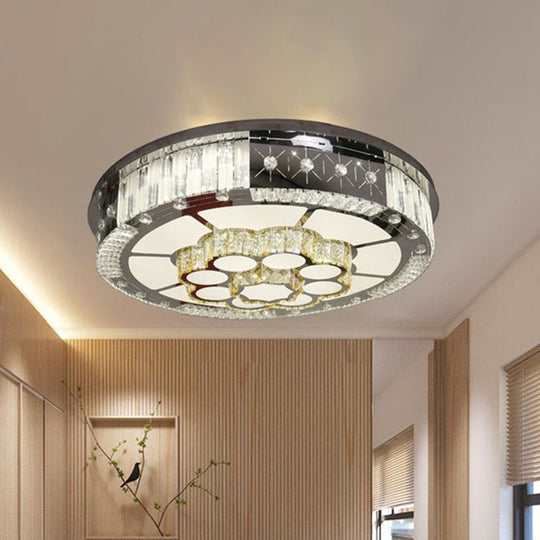 Led Drum Shade Flush Mount Lamp With Chrome Crystal Blocks - Modern Style Ceiling Fixture For Living