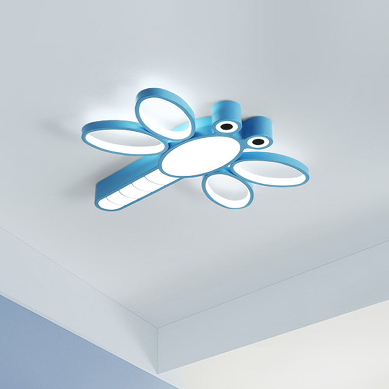 Iron Dragonfly Flush-Mount Cartoon Led Ceiling Light - Pink/Blue With Warm/White Lighting