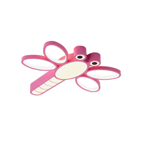 Iron Dragonfly Flush-Mount Cartoon Led Ceiling Light - Pink/Blue With Warm/White Lighting