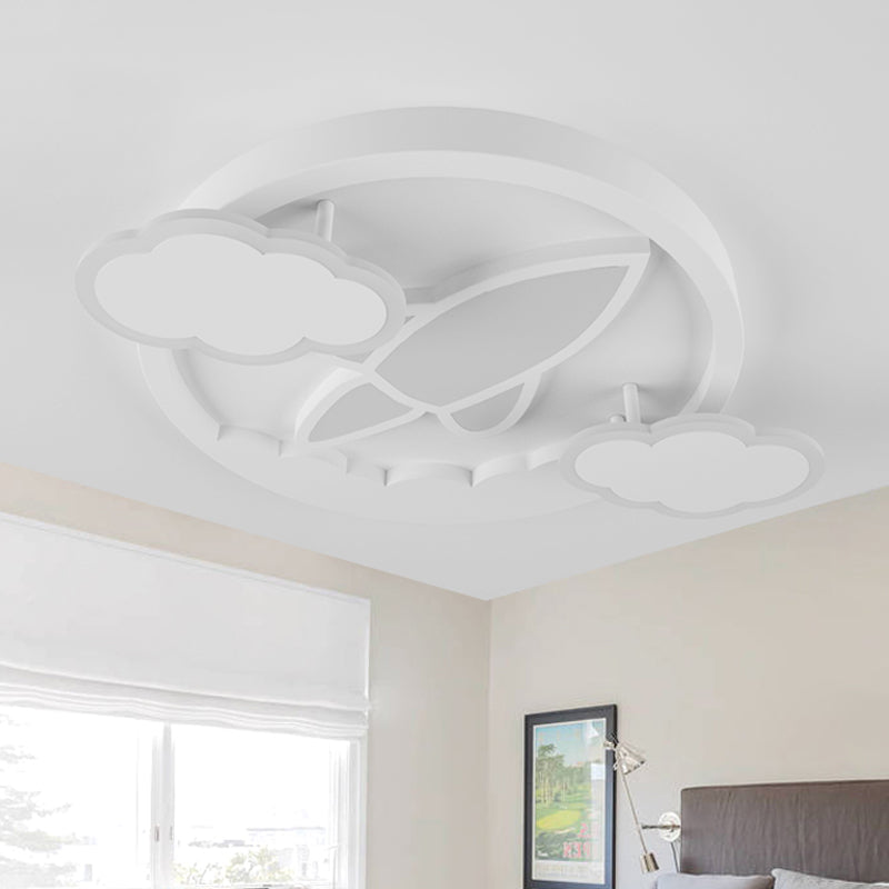 Kid’s Led Flush Mount Ceiling Light - Creative White Plane Behind Cloud Design With Acrylic Shade