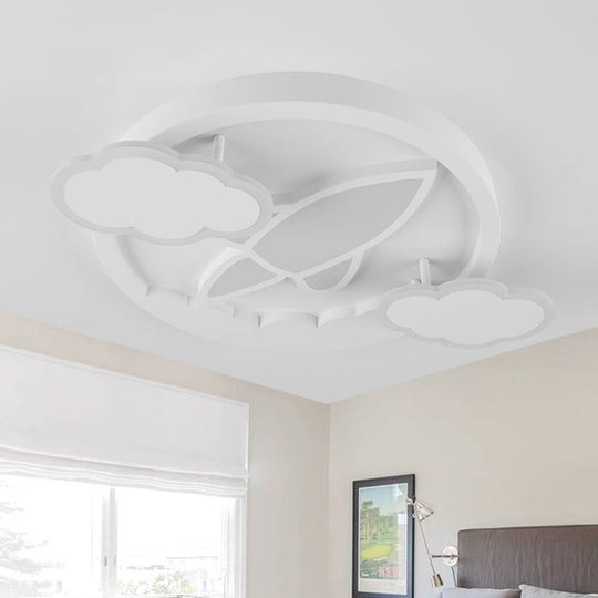 Kids Led Flush Mount Ceiling Light - Creative White Plane Behind Cloud Design With Acrylic Shade