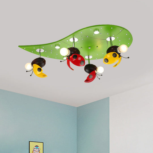 Green Ladybug Rest On Leaf Ceiling Light - Kid Iron 4 - Bulb Bedroom Semi Flush Mount