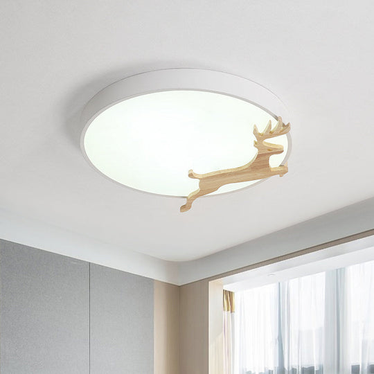 Nordic Style Round Flush Light With Running Deer Pattern - Acrylic Grey/White/Green & Wood Led