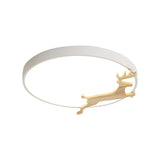 Nordic Style Round Flush Light With Running Deer Pattern - Acrylic Grey/White/Green & Wood Led